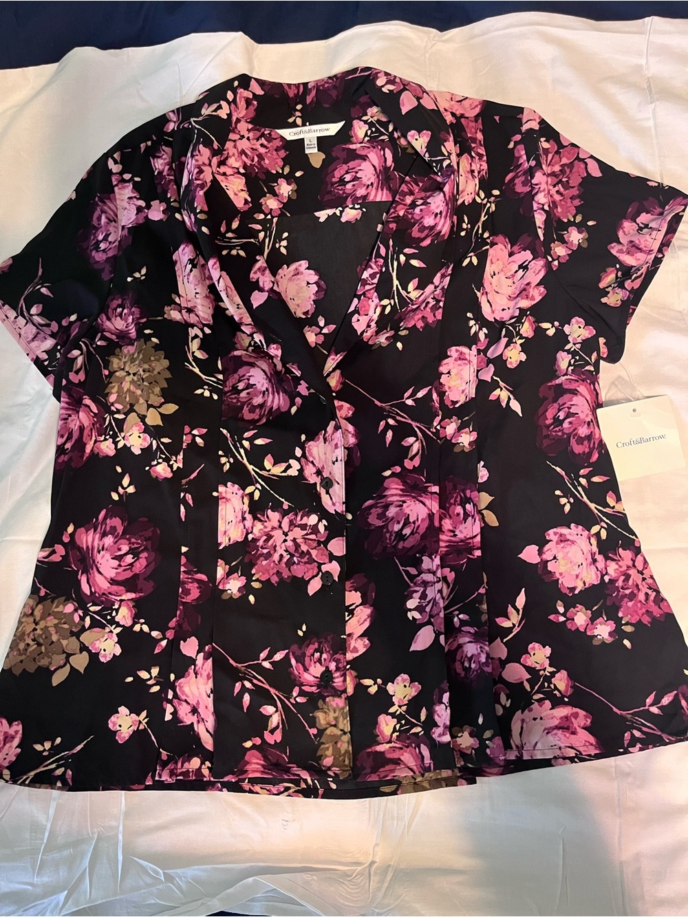 Croft & Barrow Black Blouse with Pink Floral Print